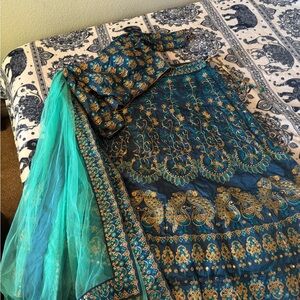 Lehenga Embroidered Teal and Gold Traditional Dress